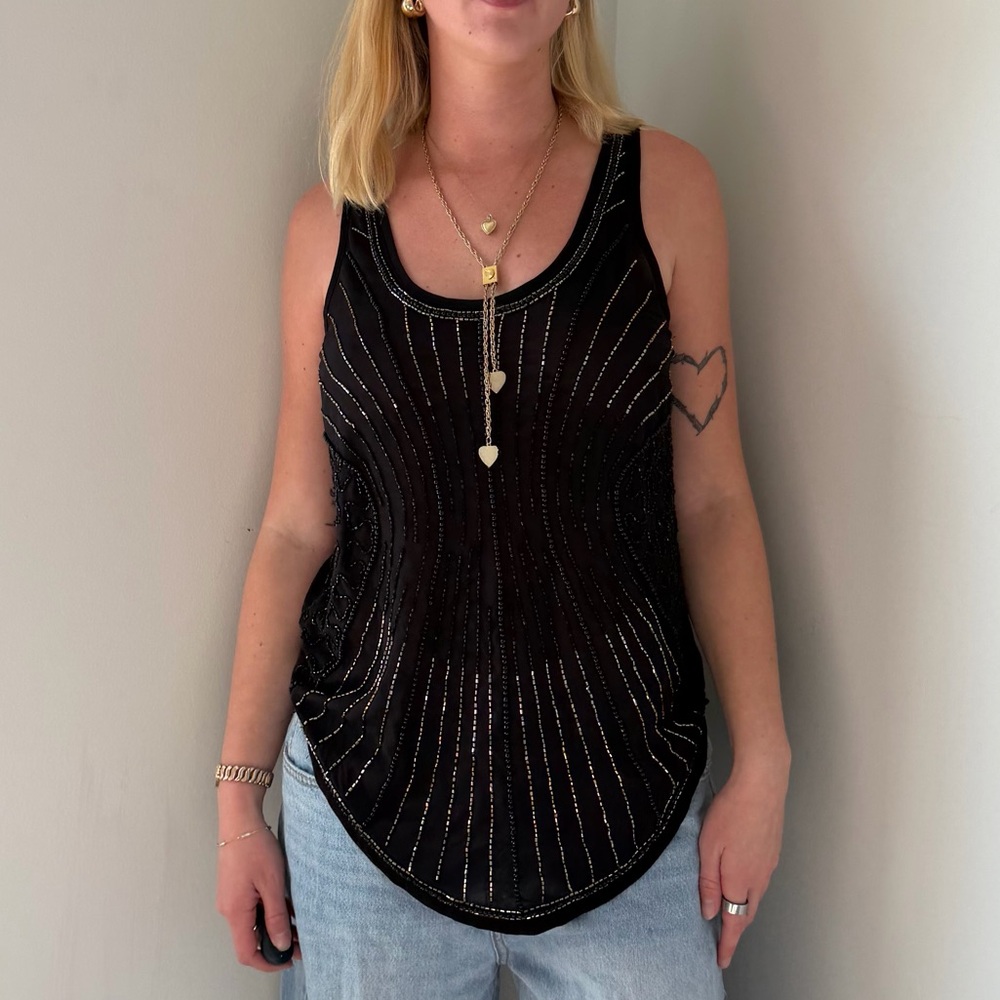 Bar III Y2K Black Beaded Tank Top | Sheer Beaded Blouse | Size Small